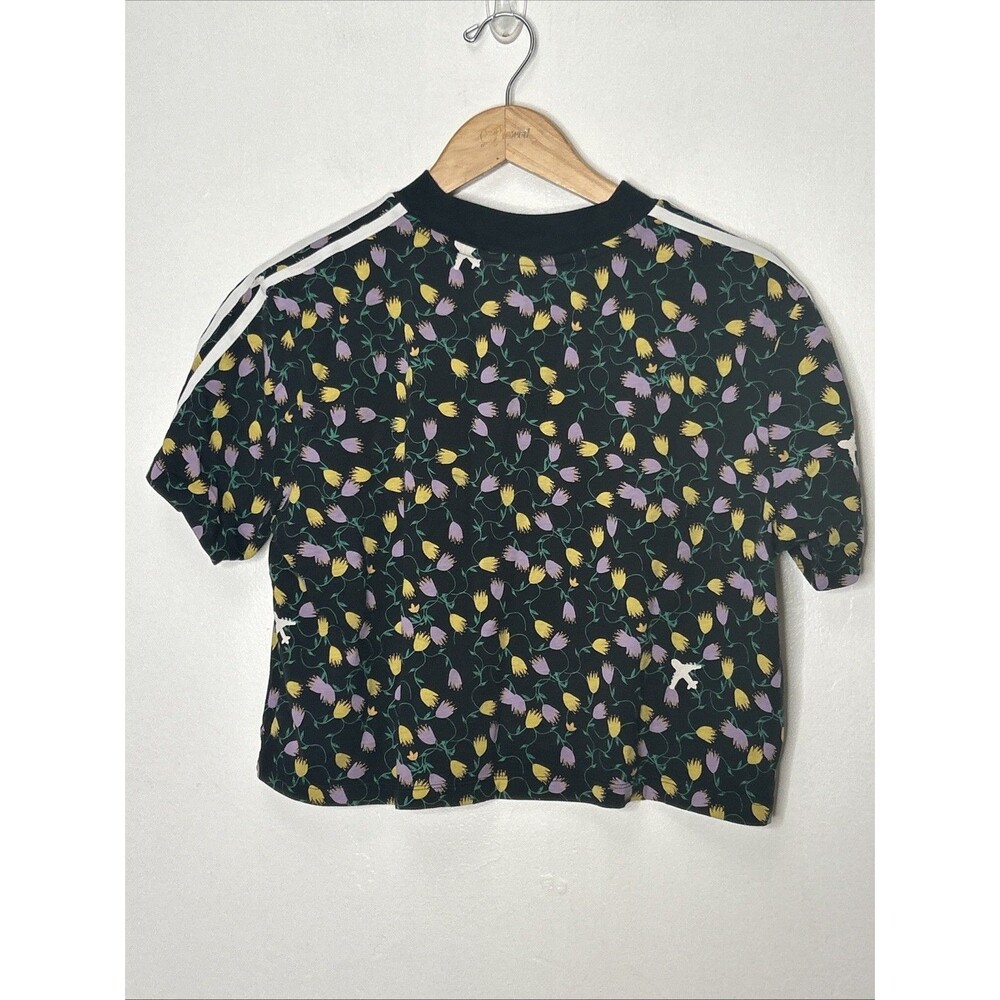 Adidas Allover Print Crop Top Women’s Large Floral Black Purple Sport Athleisure - Picture 5 of 6